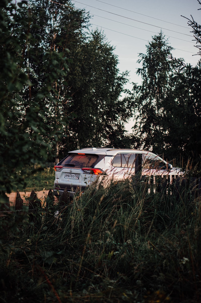 a car in a wooded area