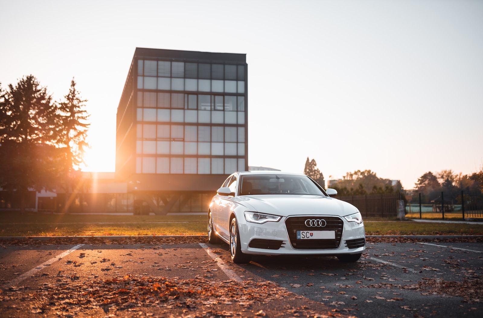 white Audi sedan parked on concrete parking area surrounded by dried leaves